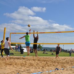 Eine Gruppe spielt an der Weser Beachvolleyball