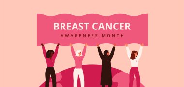 Grafik: Frauen halten ein Banner mit dem Schriftzug "Breast Cancer Awareness Week" hoch