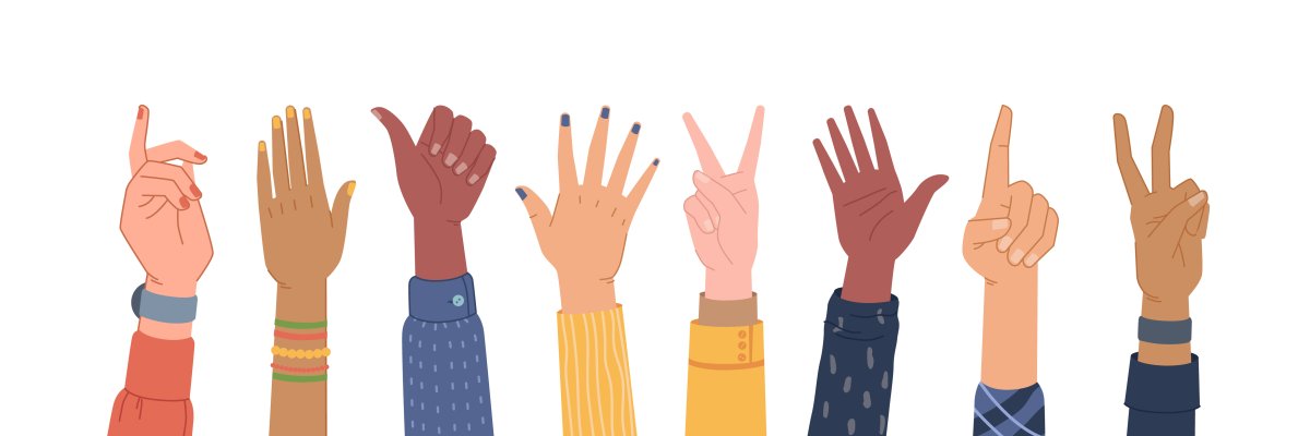 Grafische Darstellung von bunten Hände, die verschiedene Handzeichen zeigen
