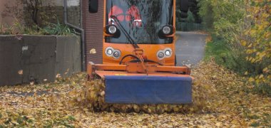 Eine kleine Kehrmaschine auf einem Weg mit Herbstblättern