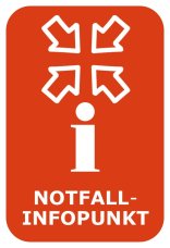 Grafik Notfallinfopunkt Eine rote Grafik mit einem Sammelpunkt und Infosymbol. Das Symbol weist Notfallinfopunkte im Stadtgebiet aus.