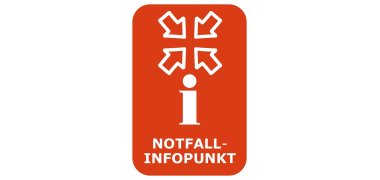 Eine rote Grafik mit einem Sammelpunkt und Infosymbol. Das Symbol weist Notfallinfopunkte im Stadtgebiet aus. 