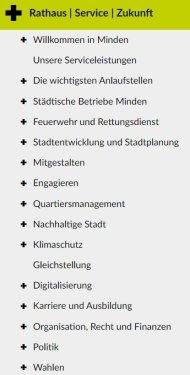 Abbildung des aufgeklappten Menüs der Internetseite der Stadt Minden