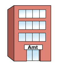 Ein Hochhaus. Über dem Eingang steht das Wort Amt.