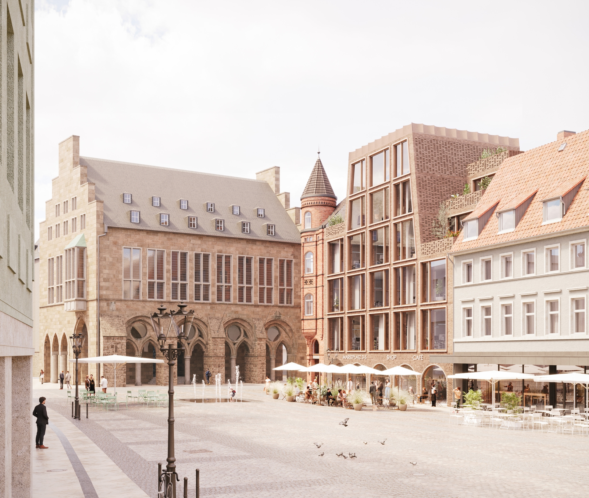 Das neue Gebäude soll sich harmonisch in die vorhandene Gebäudestruktur des Marktes einfügen Das neue Gebäude soll sich harmonisch in die vorhandene Gebäudestruktur des Marktes einfügen