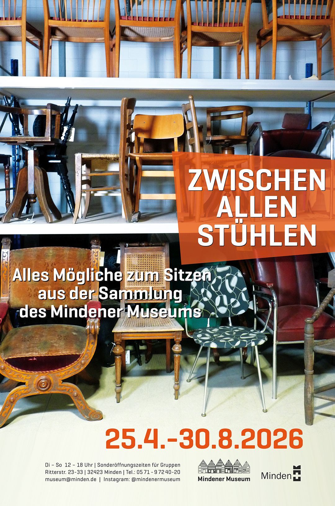 Plakat Zwischen den den Stühlen Mindener Museum, Ausstellung vom 25.4.-30.8.2026
