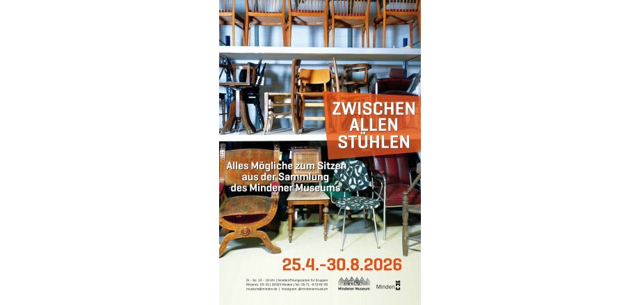 Plakat Zwischen den den Stühlen Mindener Museum, Ausstellung vom 25.4.-30.8.2026
