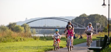 Familie fährt Rad an der Weser