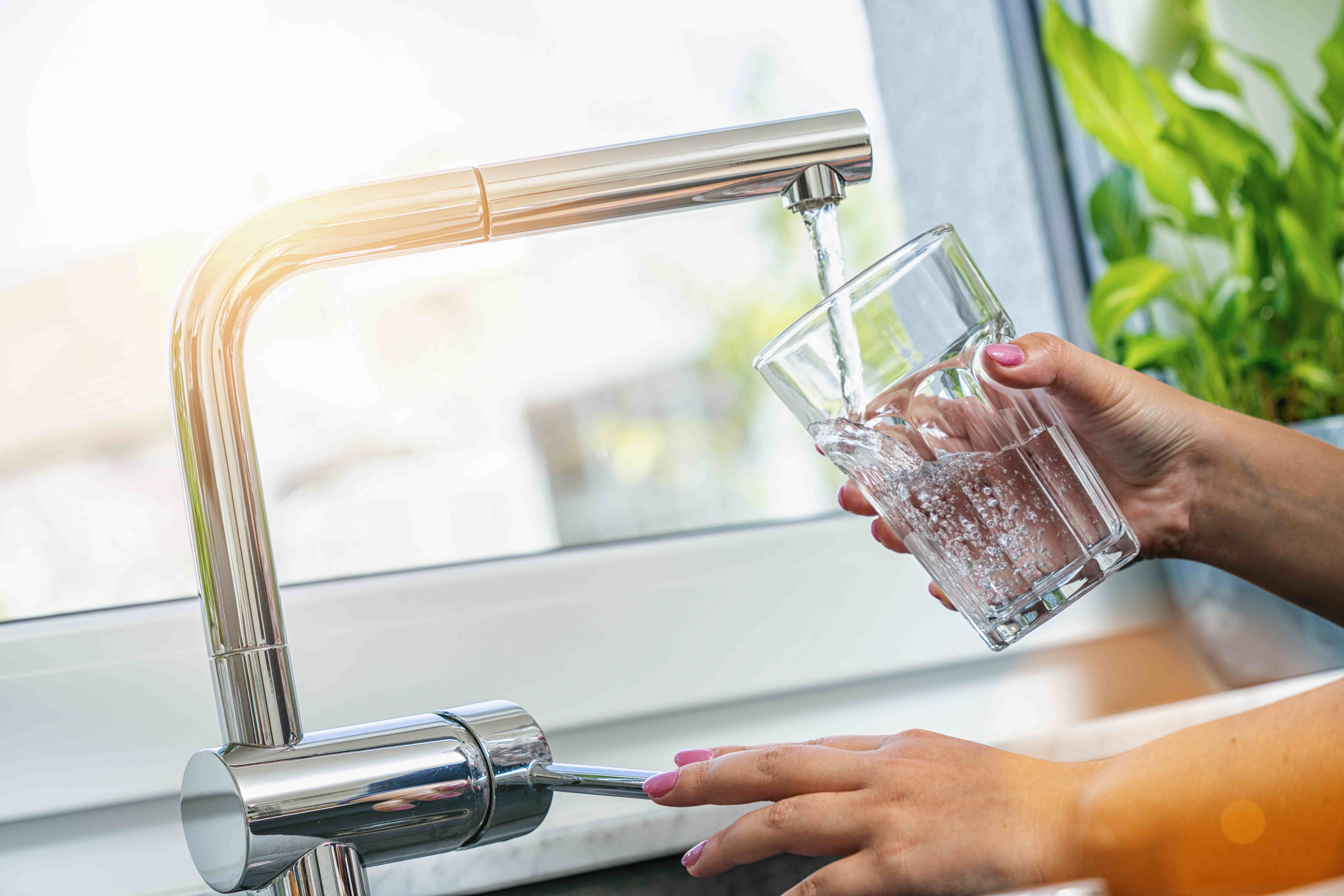 Trinkwasser Wasserhahn Eine Frau füllt ein Glas mit Trinkwasser am Wasserhahn.