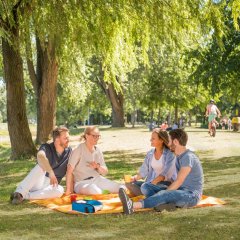 Familie picknickt auf einer Wiese im Weserglacis